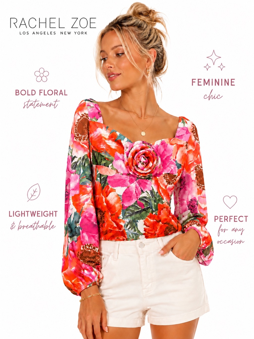 Rachel Zoe 3D Rosette Floral Statement Blouse Romantic Resort Chic SZ Small NWT